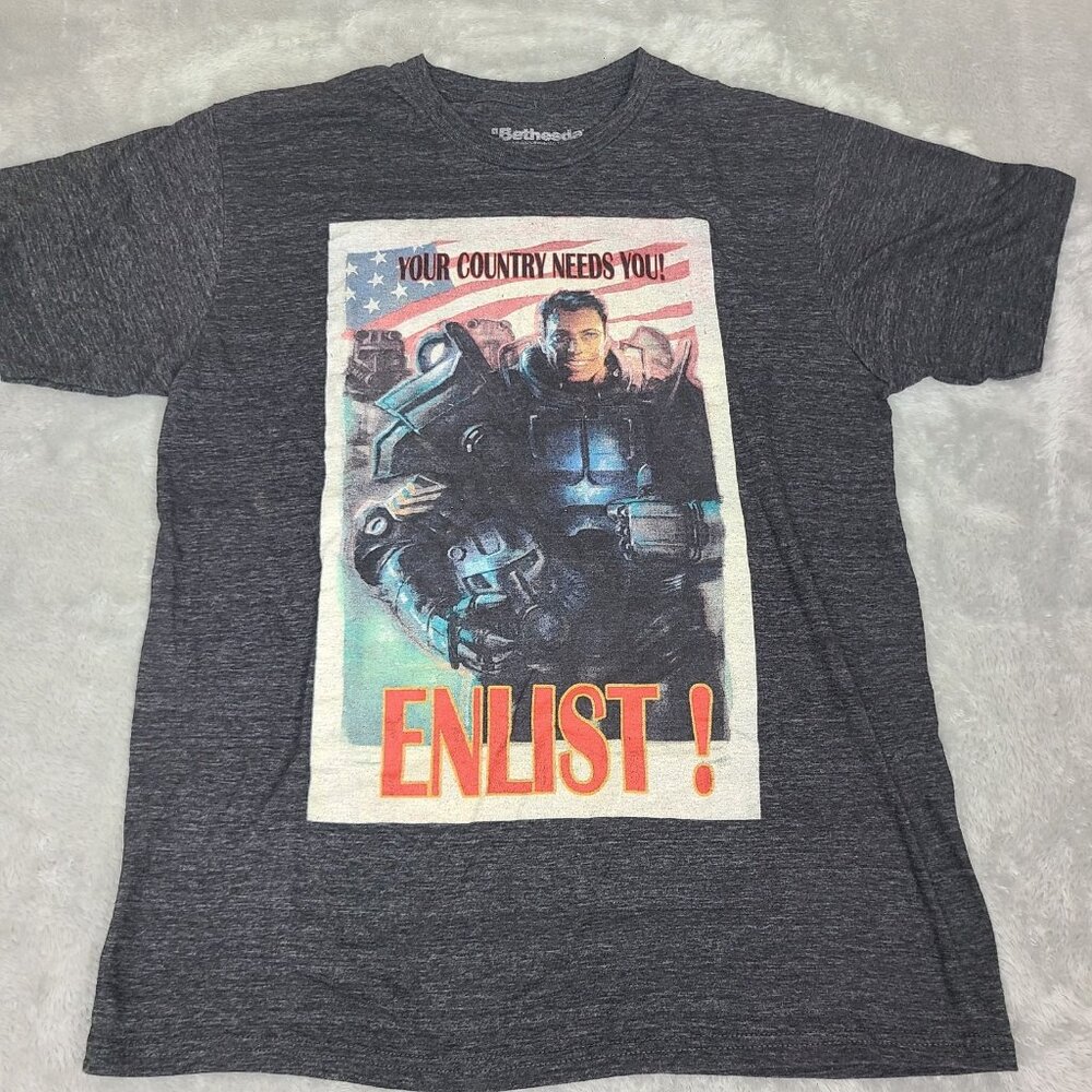 Bethesda Fallout 4 Game ENLIST! Flier Short Sleeve T Shirt Dark Gray Size Medium